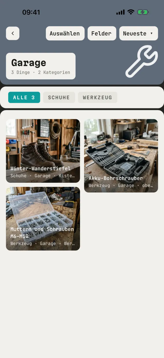 Der Katalog „Garage“: Stiefel, Akkuschrauber und Schrauben