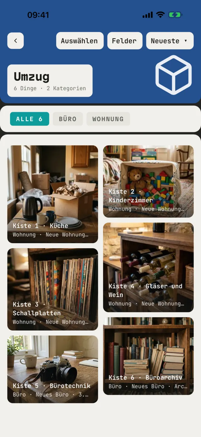 Der Katalog „Umzug“: nummerierte Kisten mit Fotos, jede mit ihrem Zimmer
