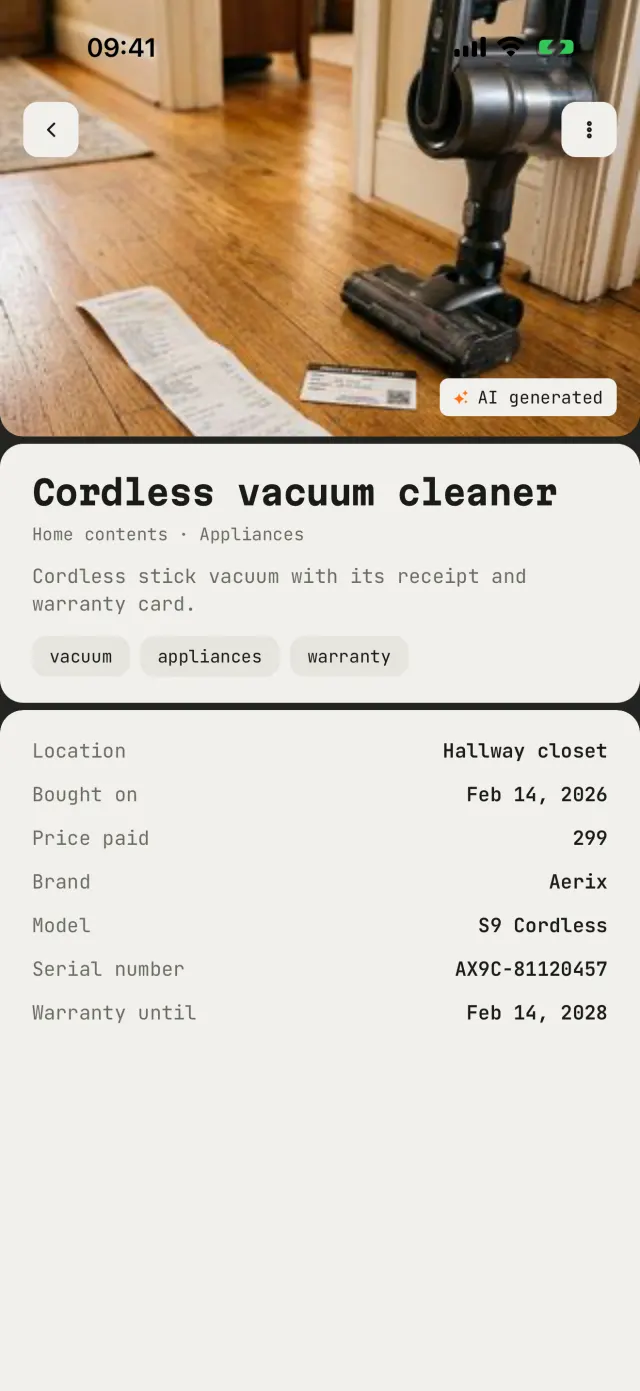 A card with price, serial number and warranty