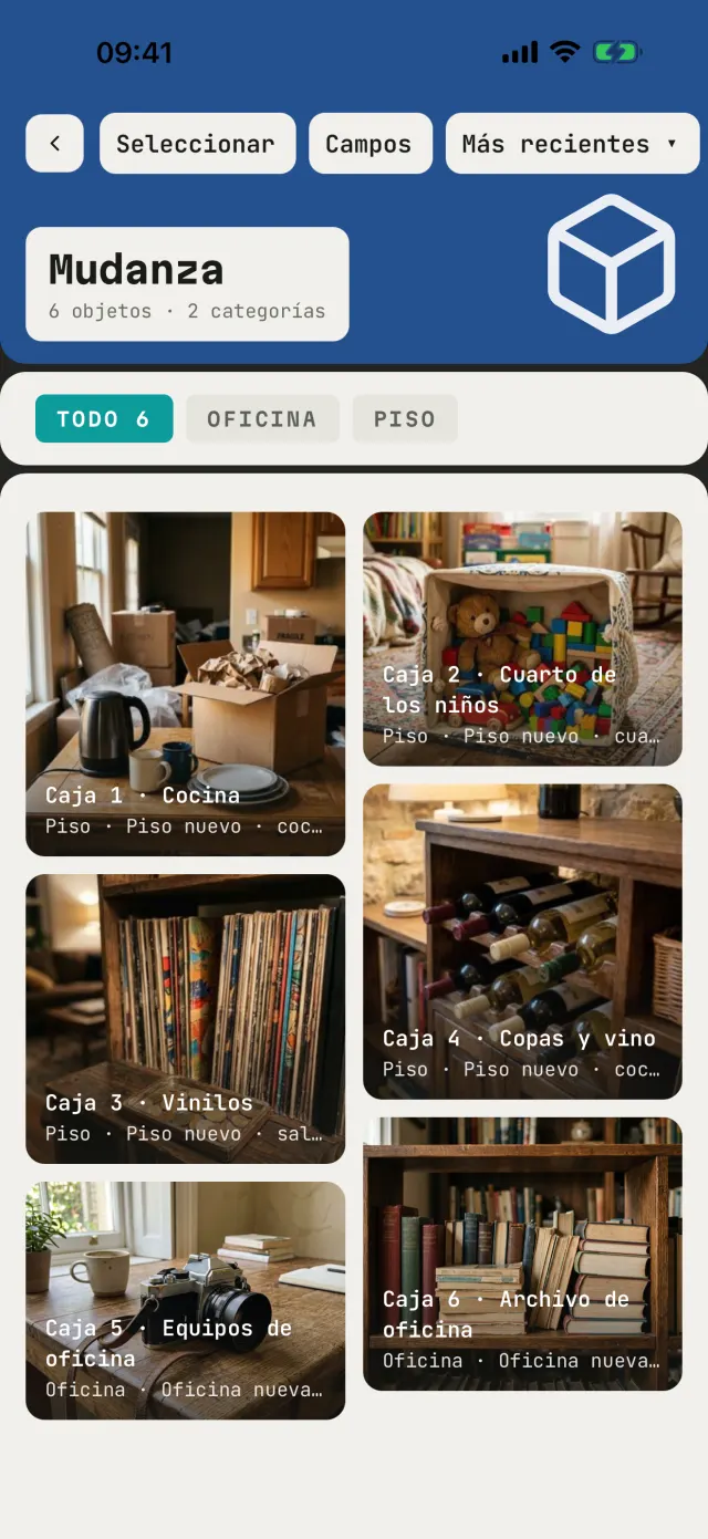 El catálogo «Mudanza»: cajas numeradas con fotos, cada una con su habitación