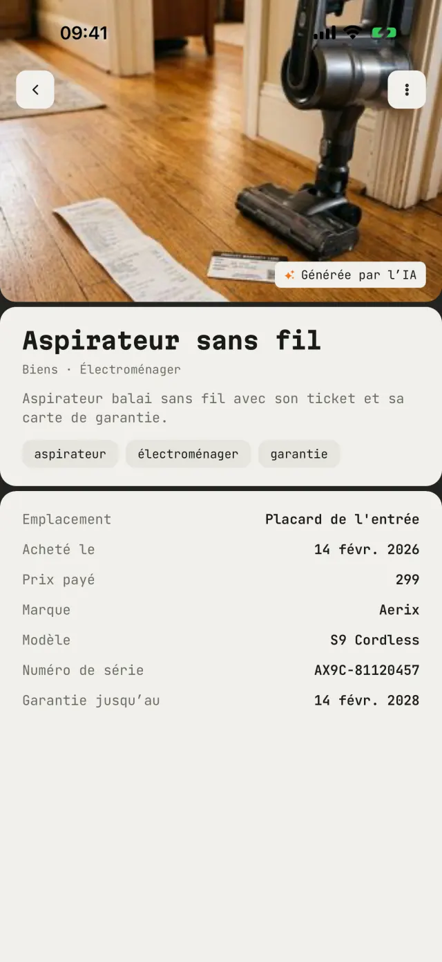 Une fiche avec prix, numéro de série et garantie