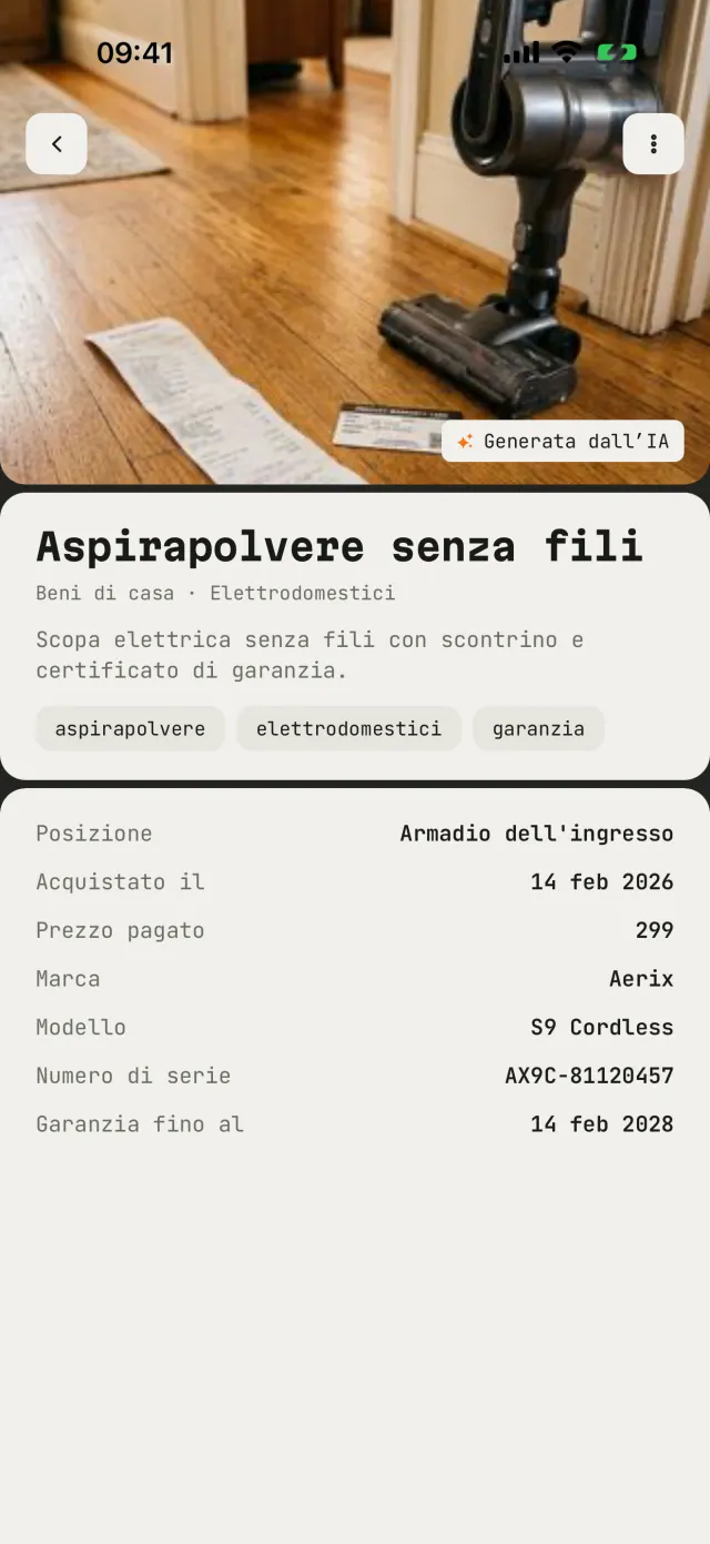 Una scheda con prezzo, numero di serie e garanzia